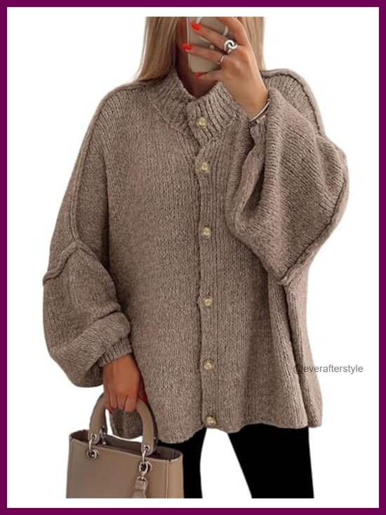 Sweaters - Women's Chunky Knit Button Down Cardigan Sweater Mock Neck Lantern Sleeve Jacket